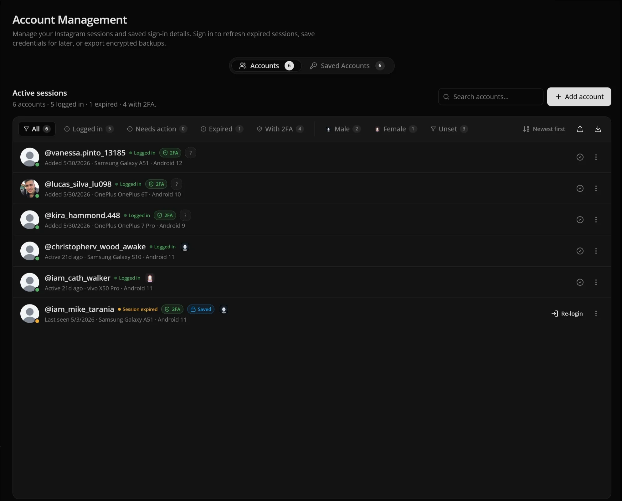 Account Management listing Instagram accounts, each marked logged in with its 2FA state and the Android device it signs in as.