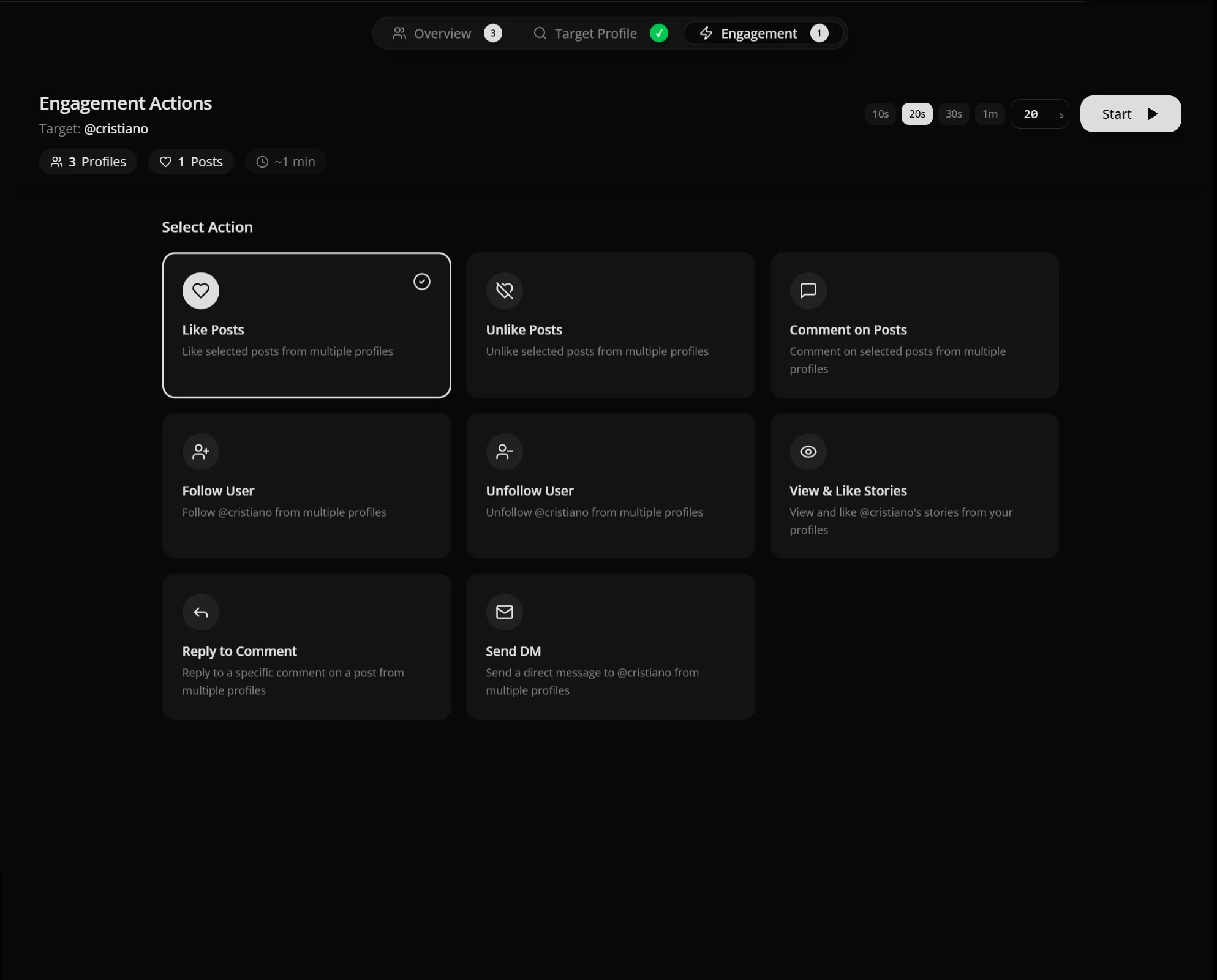 Engagement Actions for @cristiano: three profiles, one post, about a minute, with Like Posts selected among the actions.