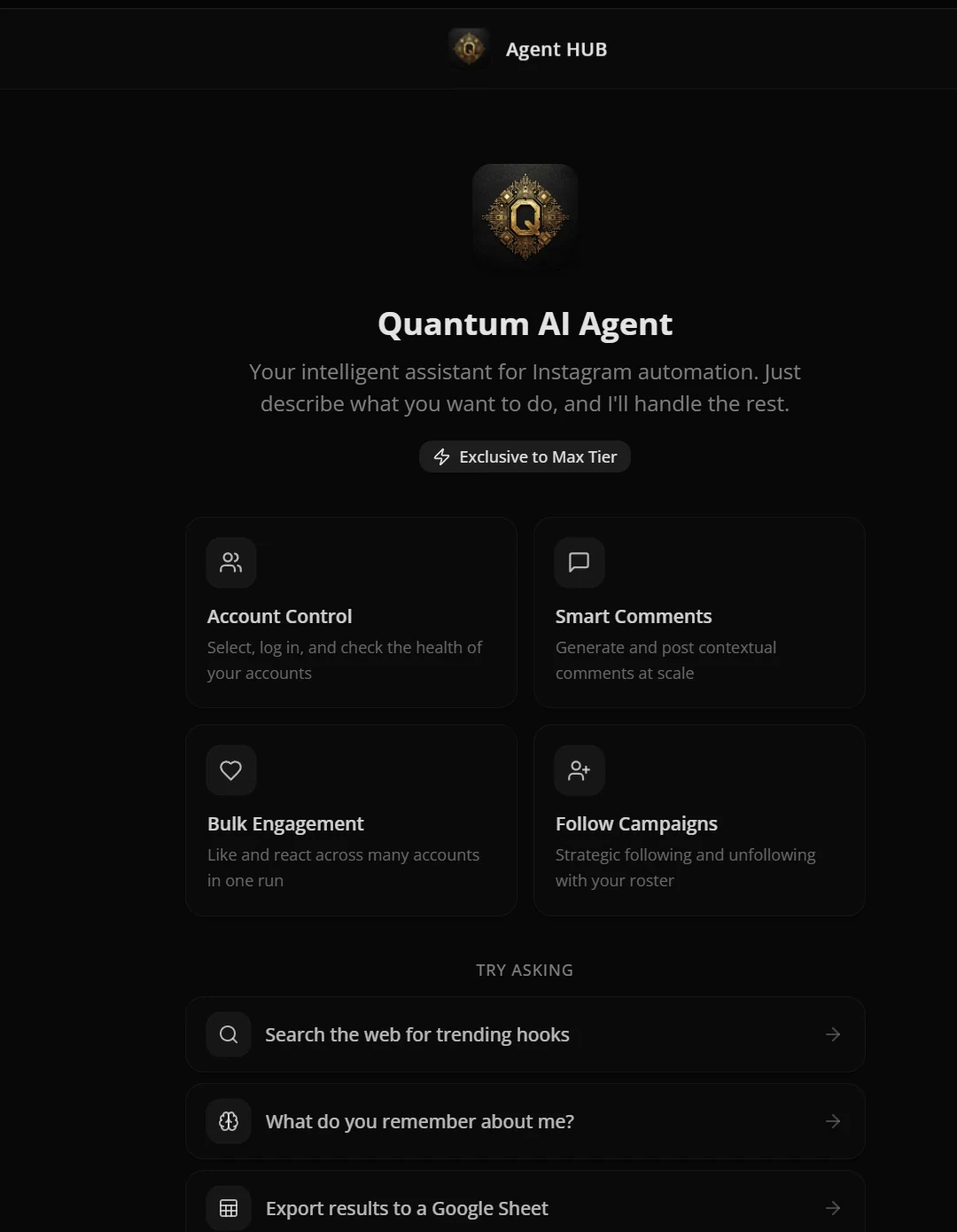 Agent HUB, the Instagram agent in Max, offering account control, smart comments, bulk engagement and follow campaigns.
