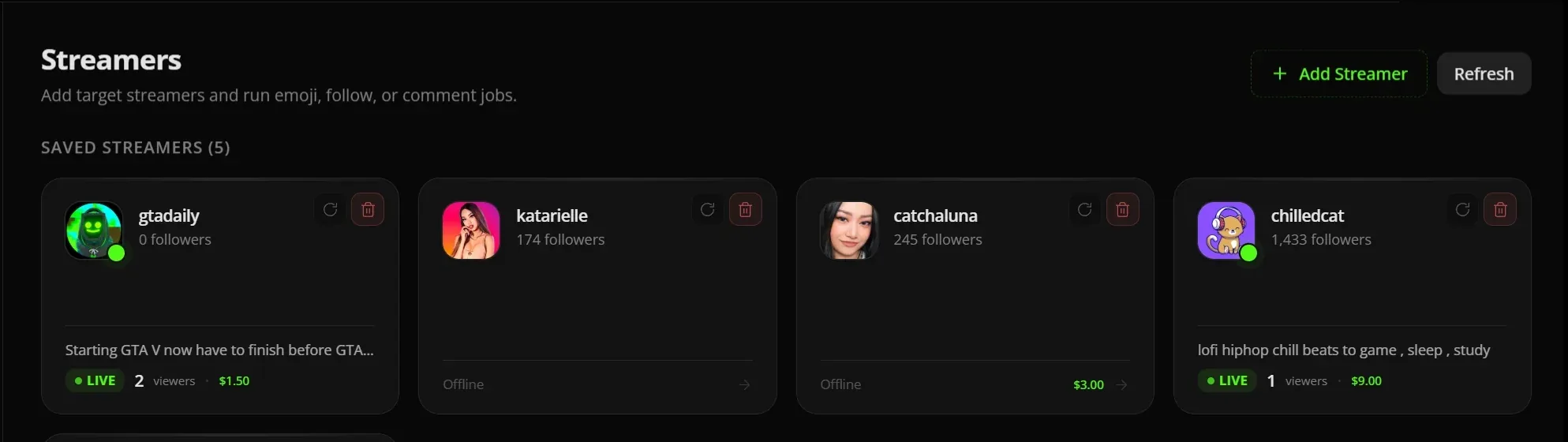 QuantumKick Streamers with saved streamer cards, two of them live with viewer counts and the amount spent on each.