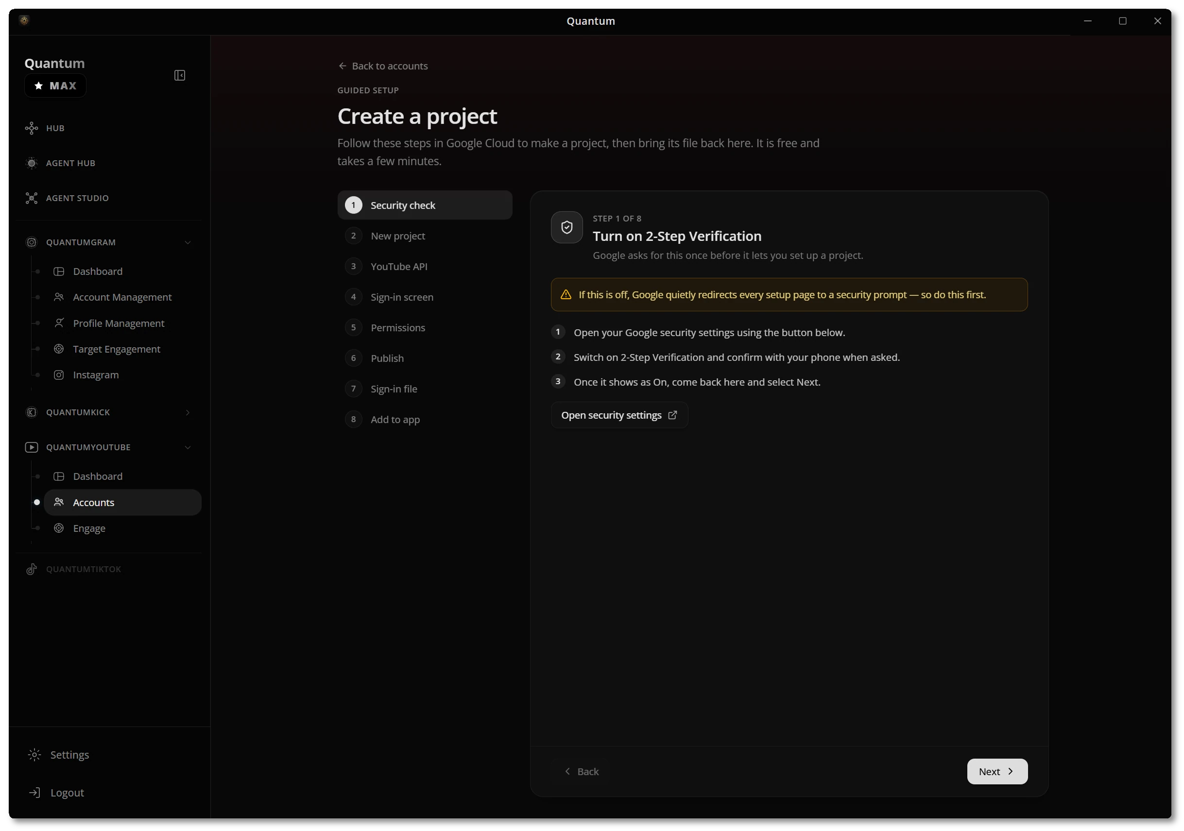 Guided project setup for YouTube
