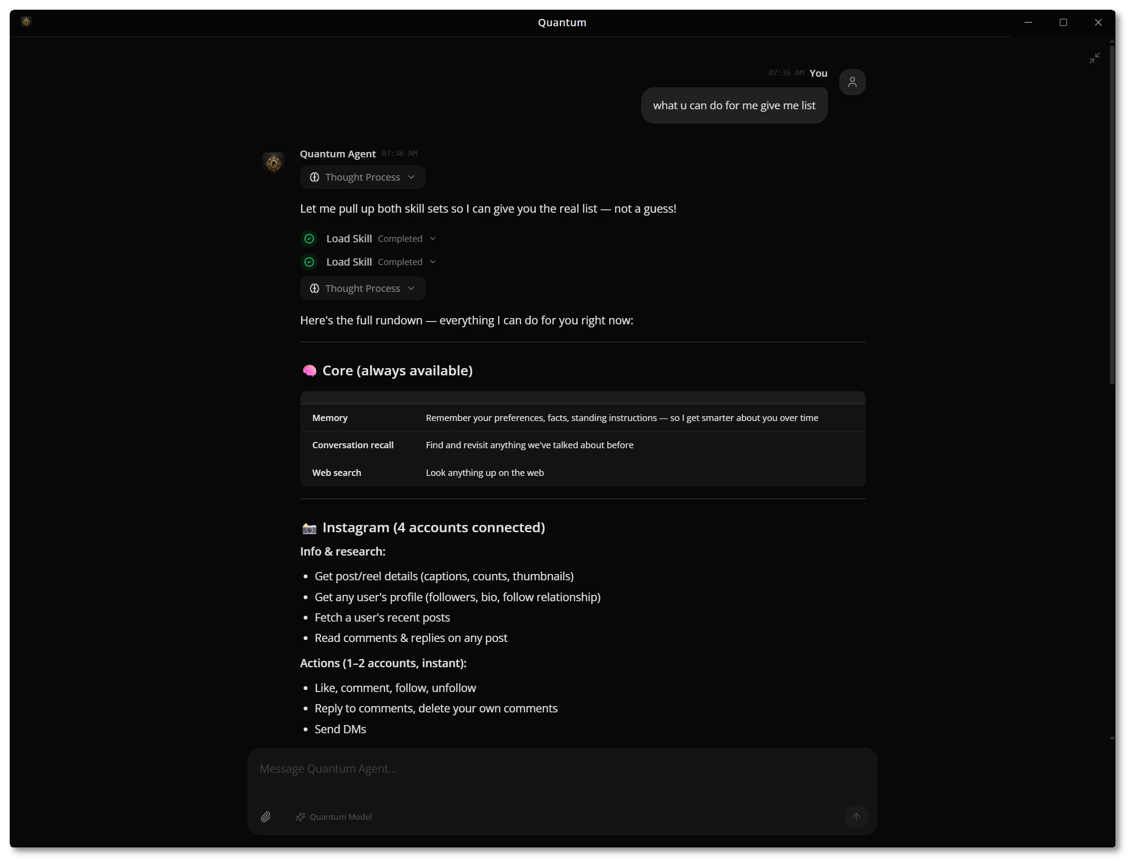 Agent listing what it can do
