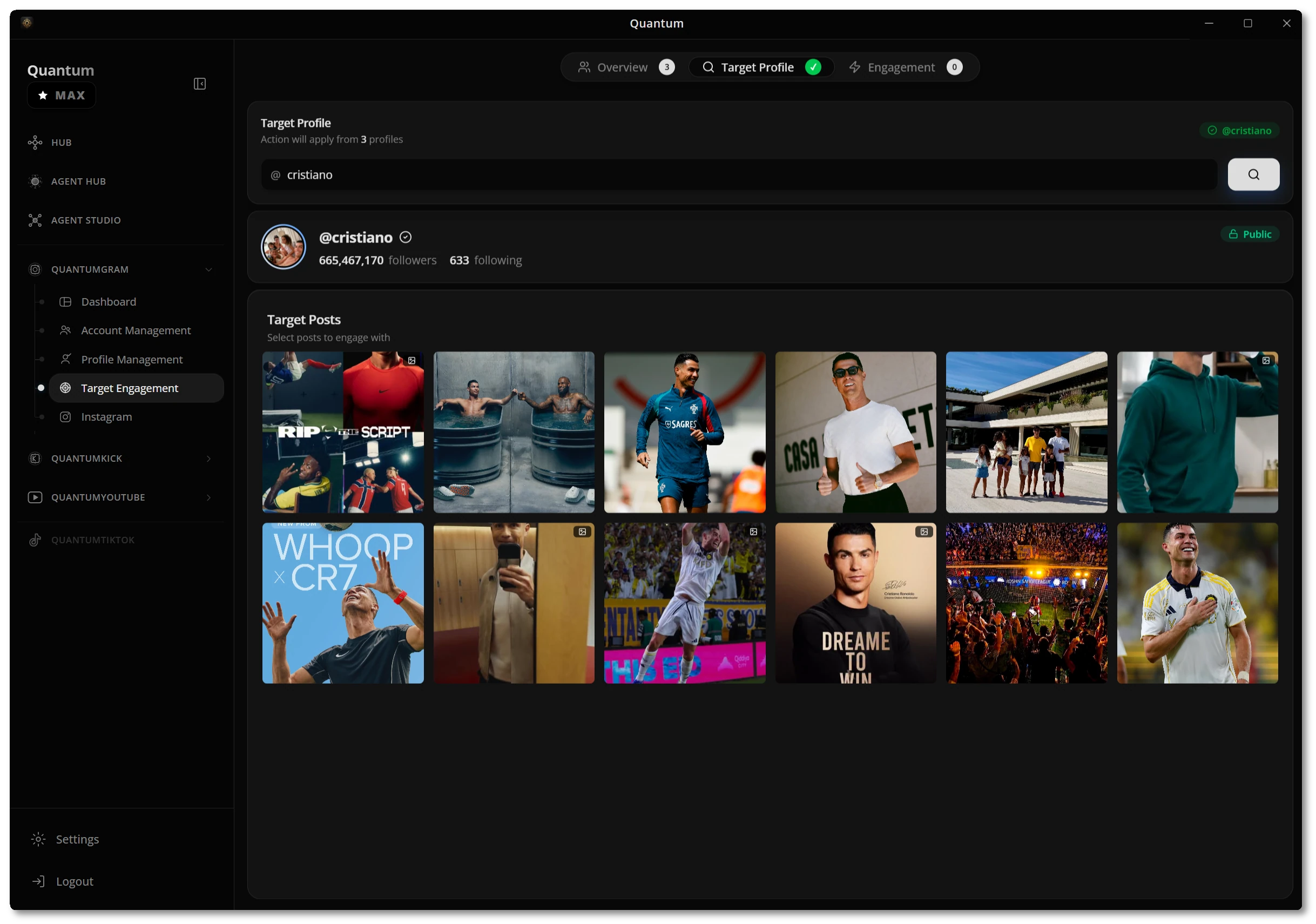 Target profile and posts to engage with